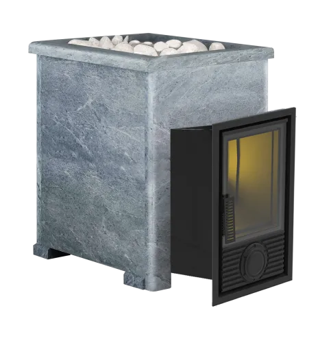 Печь банная чугунная  " Воевода " 20 Д - 2 со стеклом 230х270 в КАМЕННОЙ ОБЛИЦОВКЕ