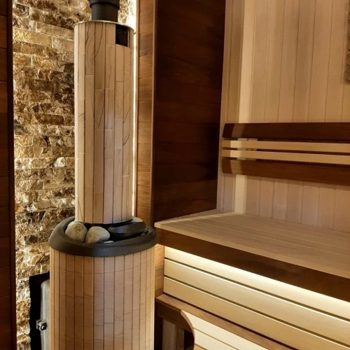 Печь банная "Атмосфера L" в ламелях "Окаменевшее дерево" наборный рисунок ПроМетал фото 4