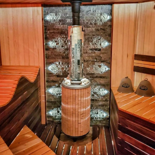 Печь банная "Атмосфера L" в ламелях "Окаменевшее дерево" наборный рисунок ПроМетал фото 3